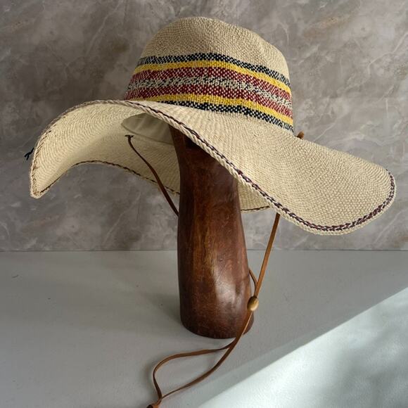 Scala Sun Hat Eloisa 100% Toyo Straw Wide Brim Multicolor Leather Chin Strap - Picture 1 of 14